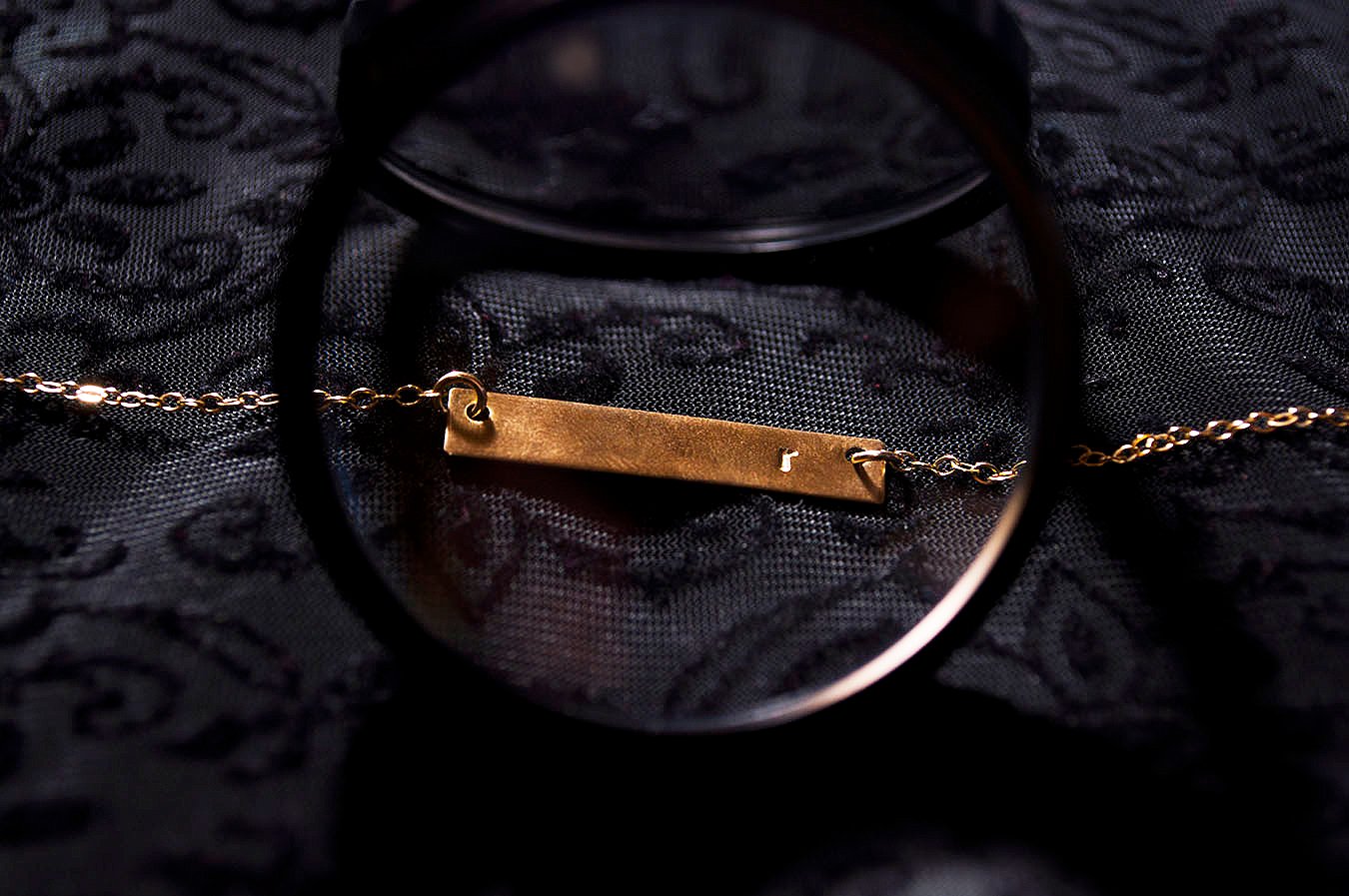 Rebecca_Huang_still_life_photography_dark_velvet_accessories_jewelry_lens_magnifying_reflection_gold_lettered_bar_necklace_chain_floral
