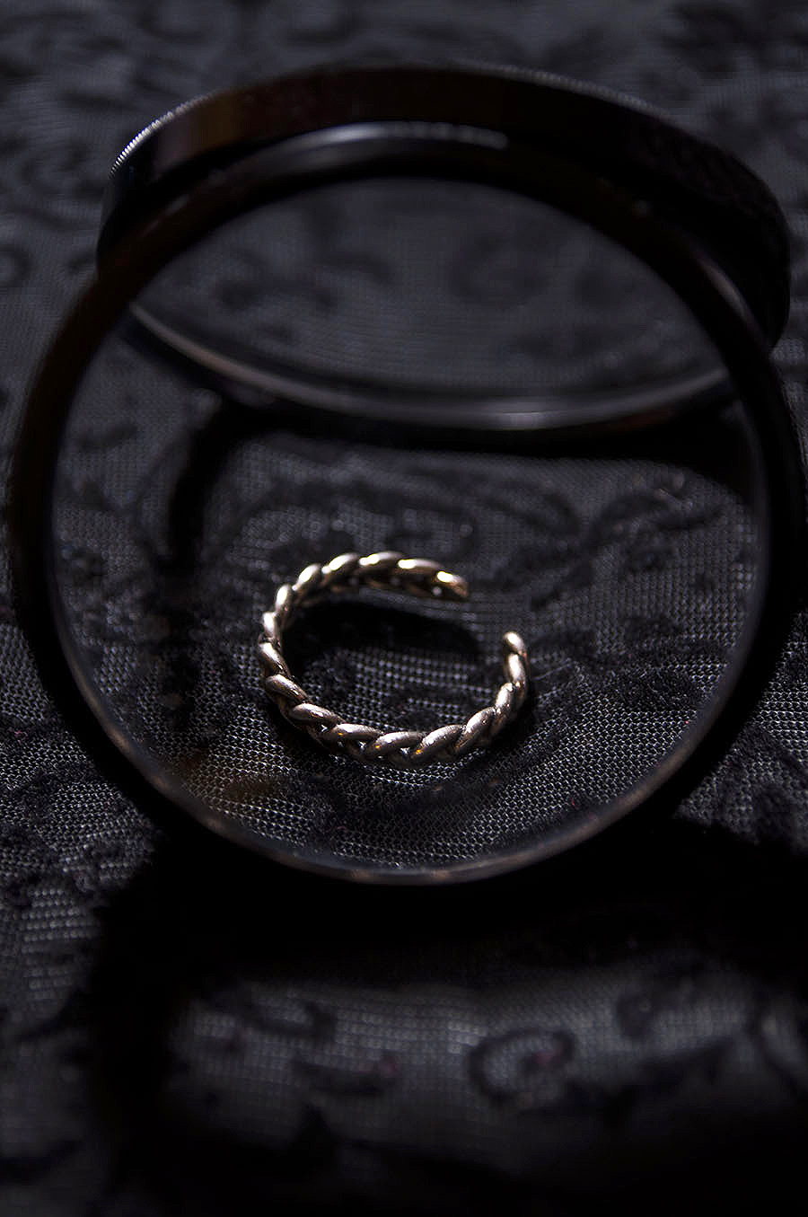 Rebecca_Huang_still_life_photography_dark_velvet_accessories_rings_jewelry_lens_magnifying_reflection_silver_braided_weaved_floral