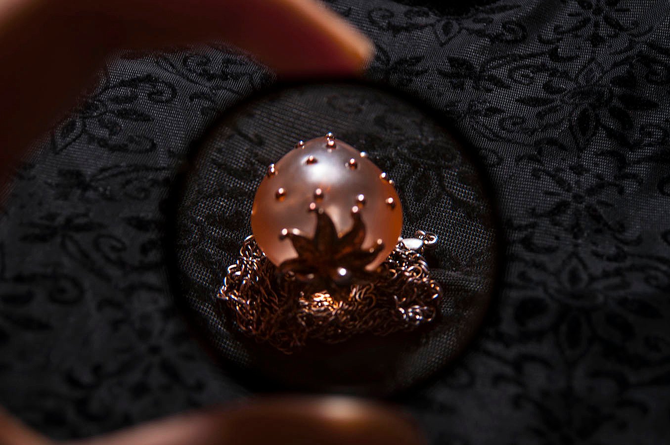 Rebecca_Huang_student_UPenn_still_life_photography_jewelry_accessories_necklace_strawberry_floral_velvet_black_peach_rose_gold_chain