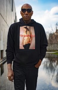 KVaughn wearing black "Rachel" hoodie by Tony Ward