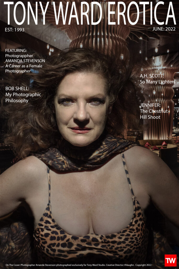 photographer Amanda Stevenson wearing a leopard bra for the homepage cover of Tony Ward Erotica June 2022