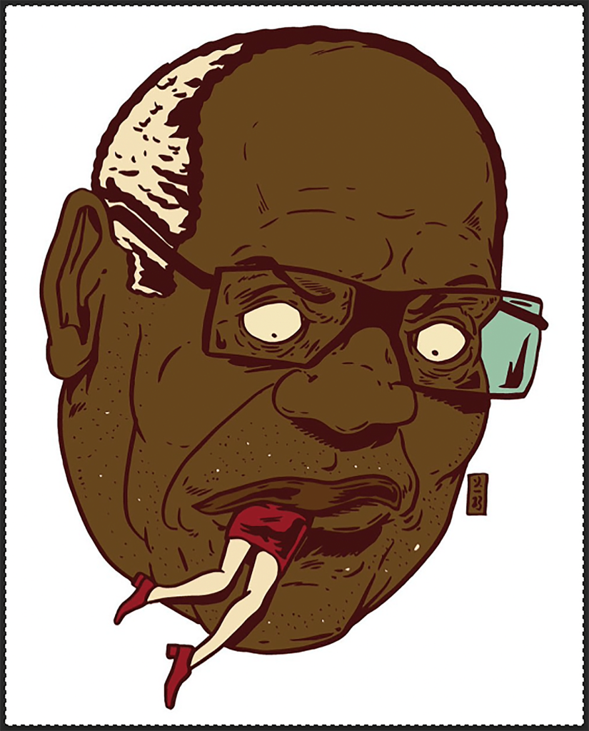 Illustration of Judge Clarence Thomas with white woman's legs in his mouth