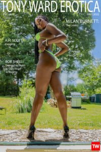 Black beauty Milan Burnett wearing a bikini on the homepage cover of Tony Ward Erotica