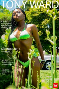 Milan Burnett wearing a green bikini on the homepage cover of the July issue of TonyWard.com