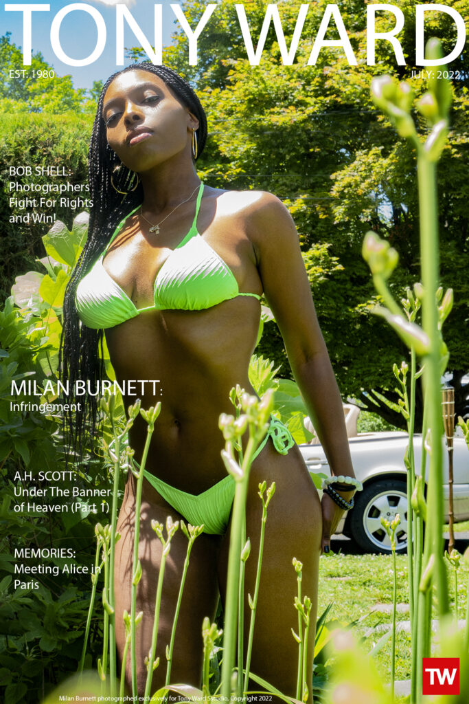 Milan Burnett wearing a green bikini on the homepage cover of the July issue of TonyWard.com