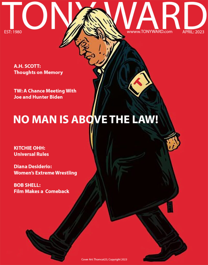 Homepage cover for April issue of TonyWard.com featuring illustration of Trump on indictment