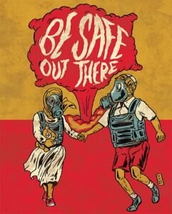 anti war illustration of two people wearing gas masks