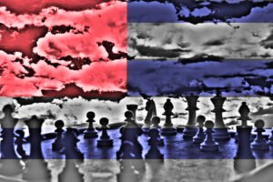 photo illustration of modified American flag as chess pieces