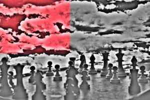 Photo illustration of war using chess pieces and photographic special effects