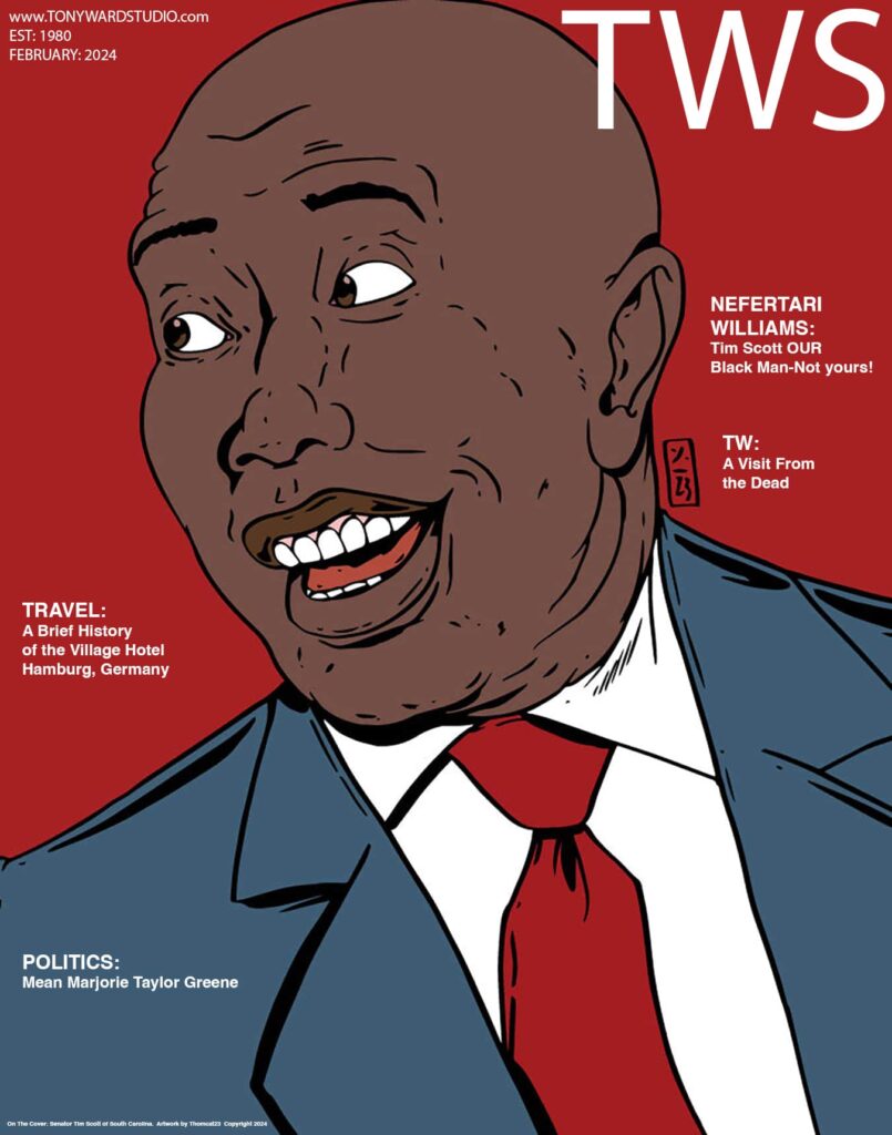 On the cover of Tony Ward Studio, February 2024 featuring Senator Tim Scott. Illustration by Thomcat23