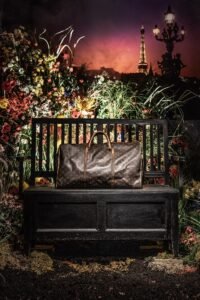 Louis Vuitton travel bag photographed on park bench in Paris by photographer Tony Ward
