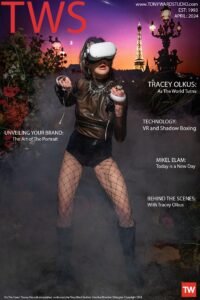 Woman shadow boxing at night in a Parisian park wearing shorts and fishnets with VR glasses
