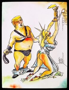 illustration of Trump abusing Lady Liberty