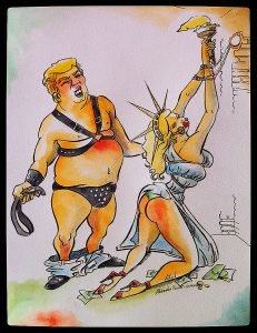 illustration of Trump abusing Lady Liberty